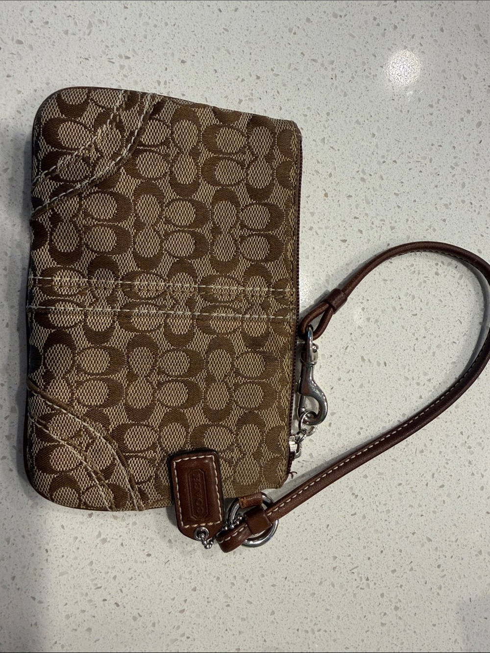 Coach Brown Signature Canvas Wristlet with Leather Strap